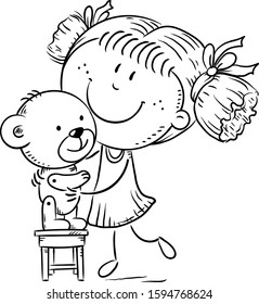 Little girl playing with a teddy bear, outline vector illustration