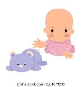 little girl playing with teddy bear, baby sitting on the floor, baby toys, newborn girl in pink pajamas 