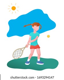 Little girl playing tennis. Vector illustration in a flat style. Isolated on a white background. Sports concept.