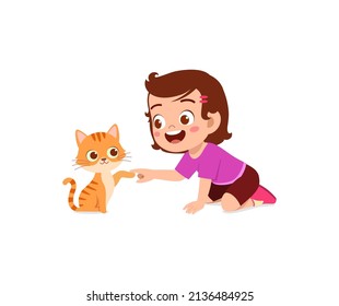 little girl playing together with cute cat