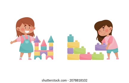Little Girl Playing with Toy Blocks in Playroom Vector Set