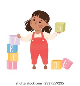 Little girl playing toy blocks. Happy kid playing toys cartoon vector illustration