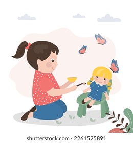 Little girl is playing with toy. Child feeds the doll. Imagination, funny game with doll. Cute female character, happy childhood, learning. Flat vector illustration