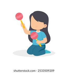 Little girl playing a toy maracas and feel happy. Smiling excited children cartoon character with toy. vector illustration