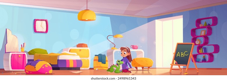 Little girl playing with toys in bedroom. Vector cartoon illustration of happy child character sitting on floor with cute dino, room furnished with bed, desk, mirror, drawer, books on shelf, sunlight