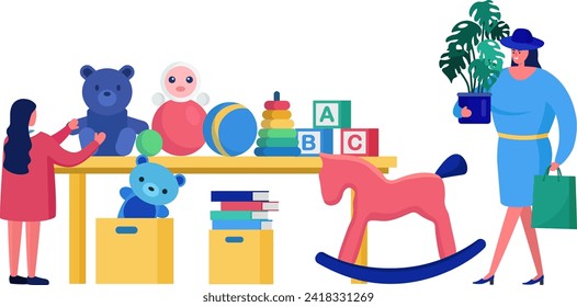 Little girl playing with toys in her room, woman walking holding a plant. Happiness in childhood, parenting vector illustration.