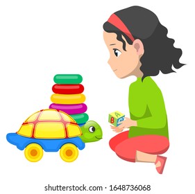 Little girl playing with toys on floor. Toy as car like turtle. Pyramid with colorful rings, green and red, yellow and violet. Kid isolated on white background. Vector illustration in flat style