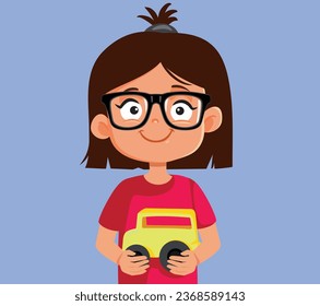 
Little Girl Playing with a Truck Toy Vector Cartoon Illustration. Playful toddler having fun with a little care 
