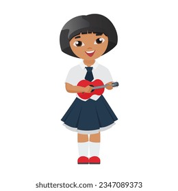 Little girl playing ukulele. Musical children performance vector cartoon illustration
