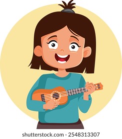 
Niña Jugando Ukulele Ilustración vectorial de instrumentos musicales. Niño actuando musicalmente aprendiendo a tocar un instrumento 
