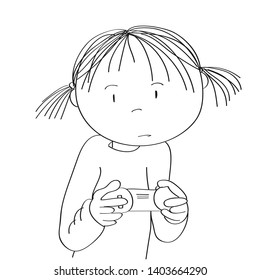 Little girl playing video games on game console, holding joystick, being very concentrated. Original hand drawn cartoon illustration.