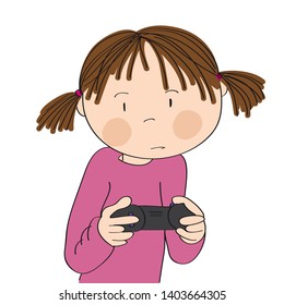 Little girl playing video games on game console, holding joystick, being very concentrated. Original hand drawn cartoon illustration.