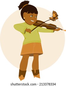 Little girl playing violin, butterfly sitting on her bow