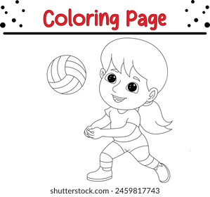 little girl playing volleyball coloring book page for kids.