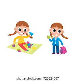 Little girl playing with wooden blocked and standing dressed and ready for school, cartoon vector illustration isolated on white background. Cartoon little girl playing at home and going to school