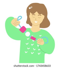 Little girl playing with wooden necklace. Exercise for the development of fine motor skills in children. Kindergarten concept.  Hand drawn illustration.