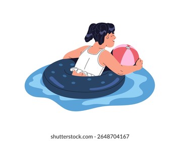 Little girl plays ball floating on inflatable circle in swimming pool in summer. Kid with lifebuoy has fun on water in aquapark back view. Flat isolated vector illustration on white background