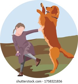 little girl plays with a dog vector illustration
