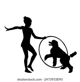 Little girl plays with dog vector silhouette illustration isolated on white background. Dog jumps through a hoop funny game circus attraction. Public entertainment. Animator show exhibition with pet.