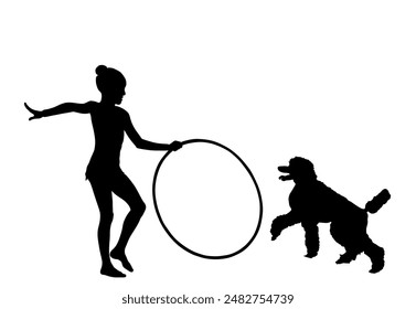 Little girl plays with a dog vector silhouette illustration isolated on white background. Dog jumps through a hoop funny game circus attraction. Public entertainment. Animator show exhibition with pet