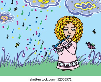 Little girl plays the flute among the flower.