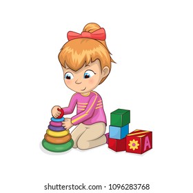 Little girl plays with toys, cubes that have letters or flowers on side, plastic pyramid. Child entertains, leisure activity vector illustration.