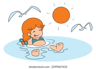 Little girl plays in water. Funny people. Illustration concept template for website, web landing page, banner, presentation, social, poster, promotion or print media.