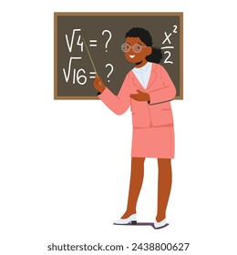 Little Girl with a Pointer Imagine herself Teacher Conducting Lesson. Kid Wear Dress and Glasses Explain Algebra on Blackboard Isolated on White Background. Cartoon People Vector Illustration