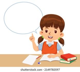 Little girl is pointing her finger up with a speech bubble while sitting at her school desk. Vector illustration isolated on white background.