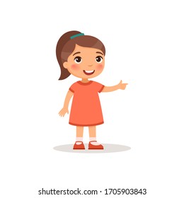 Little girl pointing with index finger flat vector illustration. Smiling female child in dress standing cartoon character. Kid showing direction, paying attention gesture isolated on white background