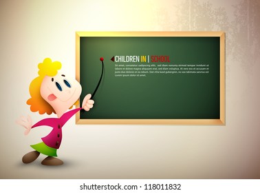 Little Girl Pointing on Board | Learning at School | EPS10 Vector Background | Layers Organized and Named Accordingly