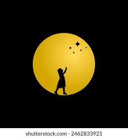 little girl pointing stars at with full moon   background