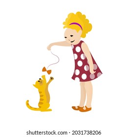 Little girl in polka dot dress and cat playing. Vector drawing color image.