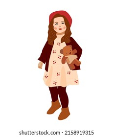 A little girl in a polka dot dress, she has a bear toy in her hands. Illustration for Children's Day. A child on a white isolated background in a bere and sweater