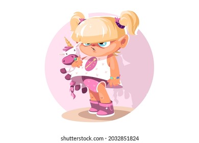 Little girl with pony vector illustration. Kid holding animal toy flat style. Blonde child in bright outfit. Childhood play and fun concept. Isolated on white background