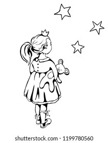 little girl with ponytail and crown on the head wearing beautiful fluffy dress holds a teddy bear in her hands and looks at the stars in the sky - white and black flat vector illustration