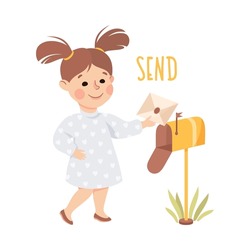 Little Girl with Ponytail Near Postbox Sending Envelope with Letter Vector Illustration
