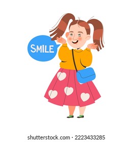 Little Girl with Ponytail Smiling Learning English Word Vector Illustration