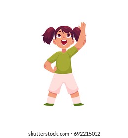 Little girl with ponytails doing morning exercises, part of her daily routine, cartoon vector illustration isolated on white background. Little girl in shorts and t-shirt doing morning exercises