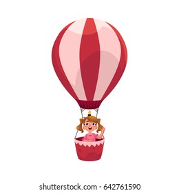 Little girl with ponytails flying in hot air balloon, aircraft, cartoon vector illustration isolated on white background. Cute, pretty little girl flying up in pink aerostat, hot air balloon