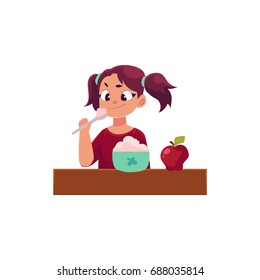 Little girl with ponytails having healthy breakfast, porridge and apple, daily routine, cartoon vector illustration isolated on white background. Cartoon little girl having breakfast