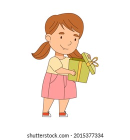 Little Girl mit Ponytails, die Geschenkbox als Holiday Present Vektorgrafik halten