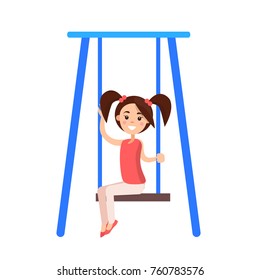 Little girl with ponytails sits on blue swing and smiles isolated vector illustration on white background. Child spends time outdoors.