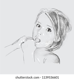 little girl portrait, emotion funk, fear, vector engraving illustration