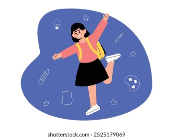 Little girl posing excitedly ready to go back to school, vector illustration.
