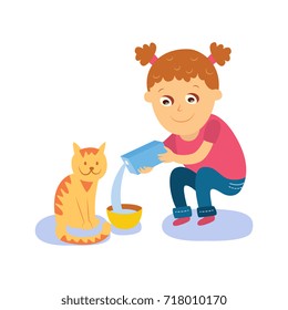 Little girl pouring milk into bowl, feeding her cat, kitten, flat cartoon vector illustration isolated on white background. Flat cartoon girl feeding her cat, pouring milk into bowl