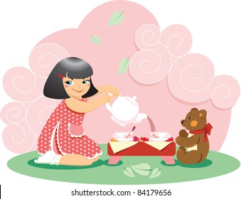 Little girl pouring tea to her teddy bear