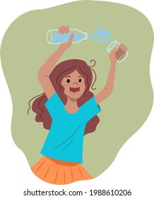 Little girl pouring water into a glass and fooling around isolated vector illustration