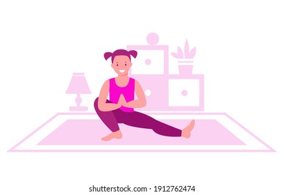 Little girl practices yoga on the background of the interior of the room. The concept of gymnastics, a healthy lifestyle for children. Vector illustrations in flat style.