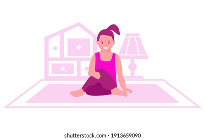 Little girl practices yoga on the background of the interior of the room. The concept of gymnastics, a healthy lifestyle for children. Vector illustrations in flat style.